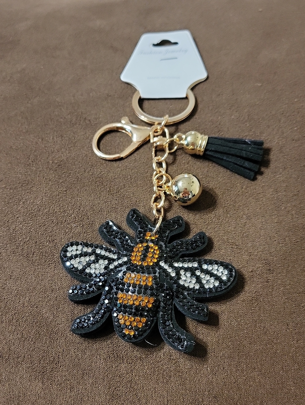 Gold Bee Tassel Keychain with Black and Amber Rhinestones